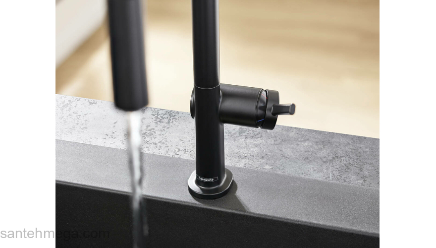 Кухонный смеситель однорычажный, 210, с вытяжным душем, 2jet, sBox Hansgrohe 72801670, матовый черный. Фото