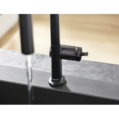 Кухонный смеситель однорычажный, 210, с вытяжным душем, 2jet, sBox Hansgrohe 72801670, матовый черный. Фото